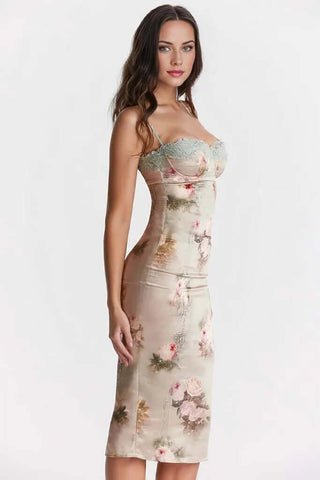 Satin Lace Trim Floral Bodycon Dress