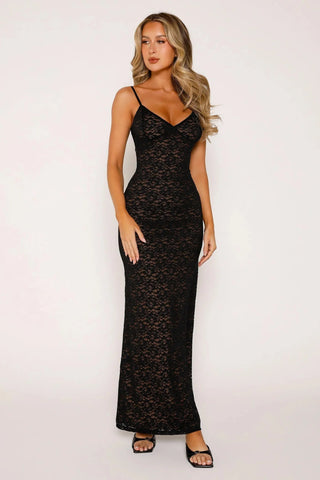 V-Neck Contrast Lace Maxi Dress