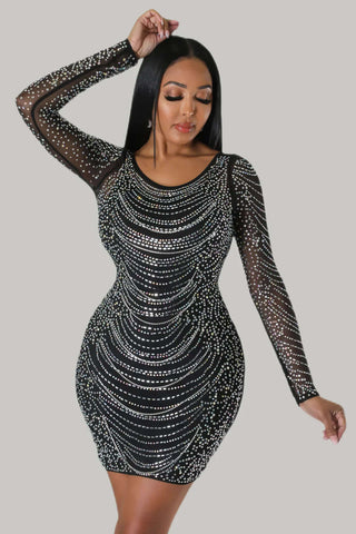 Long Sleeve Scoop Neck  Bodycon Rhinestone Mini Dress