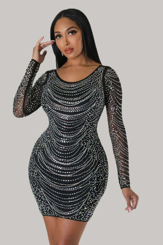 Long Sleeve Scoop Neck  Bodycon Rhinestone Mini Dress