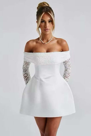 A-Line Lace Sleeves Off Shoulder Mini Dress