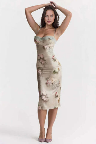 Satin Lace Trim Floral Bodycon Dress