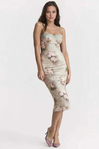 Satin Lace Trim Floral Bodycon Dress