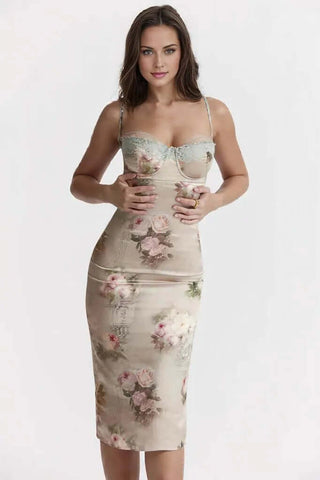 Satin Lace Trim Floral Bodycon Dress