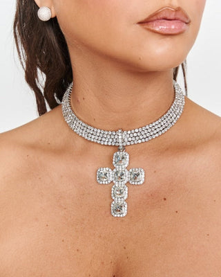 Sparkly Rhinestone Cross Pendant Necklace 14" + Extender