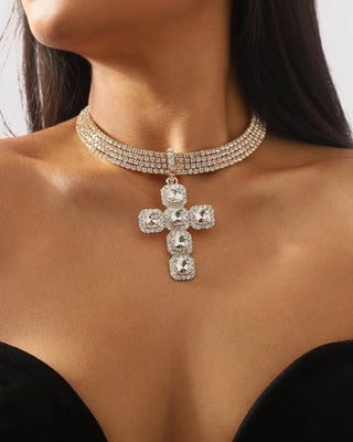 Sparkly Rhinestone Cross Pendant Necklace 14" + Extender