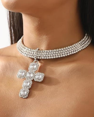 Sparkly Rhinestone Cross Pendant Necklace 14" + Extender