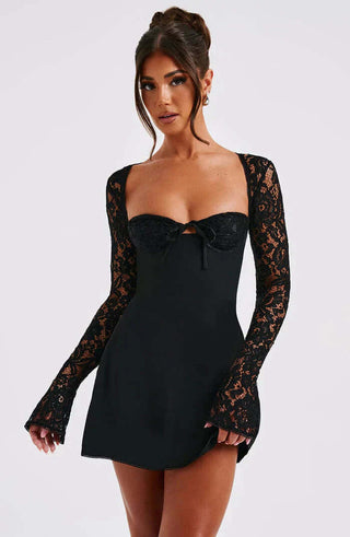 A-Line Semi Sheer Lace Sleeves Mini Dresses 