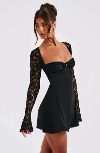 A-Line Semi Sheer Lace Sleeves Mini Dresses 