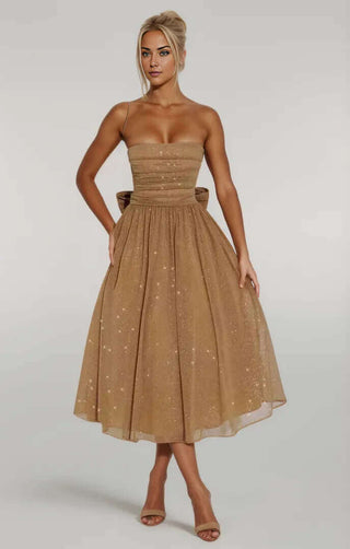 A-Line Gathered Strapless Sparkly Glitter Midi Dress