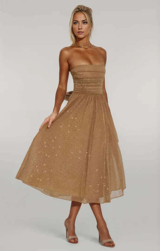 A-Line Gathered Strapless Sparkly Glitter Midi Dress