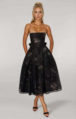 A-Line Gathered Strapless Sparkly Glitter Midi Dress