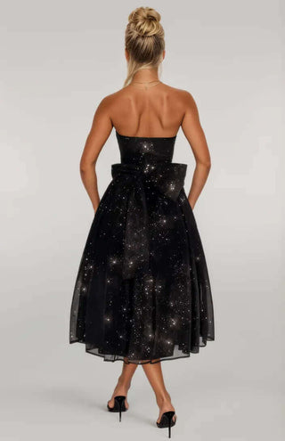 A-Line Gathered Strapless Sparkly Glitter Midi Dress