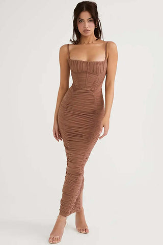 Spaghetti Straps Bodycon Ruched Maxi Dress