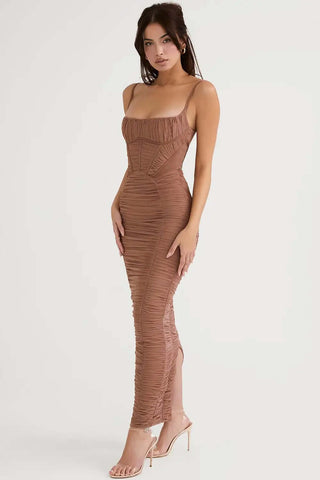 Spaghetti Straps Bodycon Ruched Maxi Dress