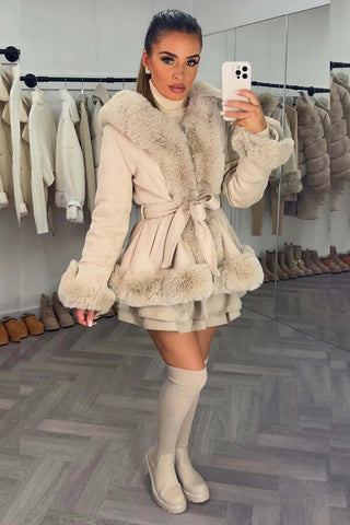 Womens Short Faux Fur Leather Trench Coat with Belt