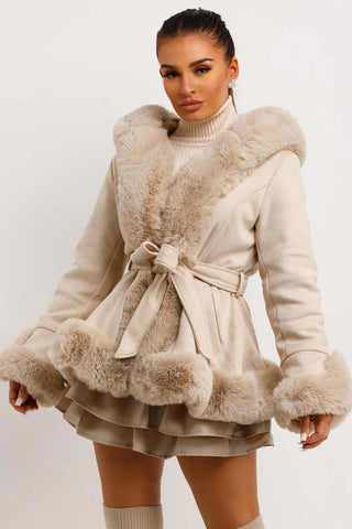 Womens Short Faux Fur Leather Trench Coat with Belt