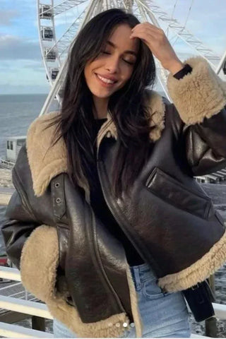 Faux Shearling Leather Aviator Jacket