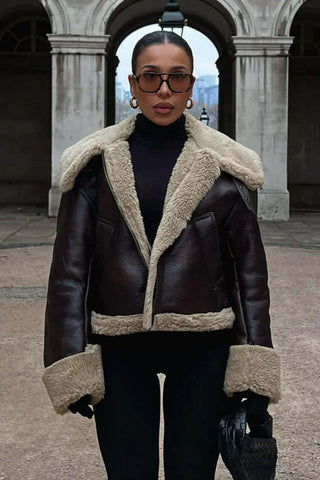 Faux Shearling Leather Aviator Jacket