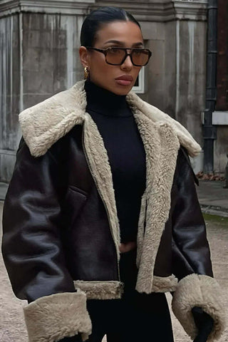 Women's Faux Shearling Fur Leather Aviator Jacket