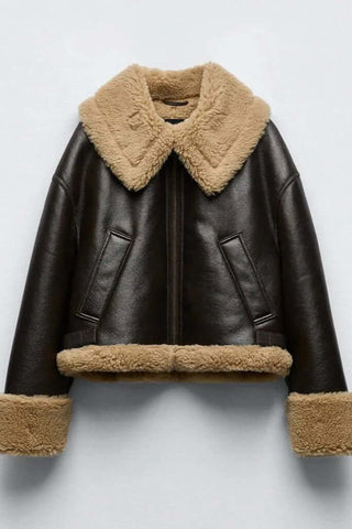 Women's Faux Shearling Fur Leather Aviator Jacket