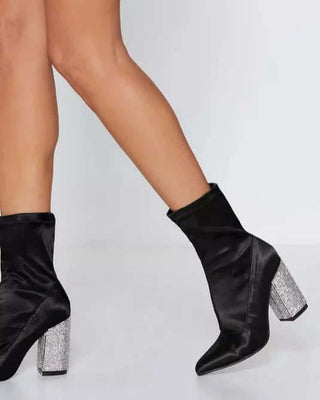 Pointy Toe Glitter Chunky Heel Sock Ankle Boots