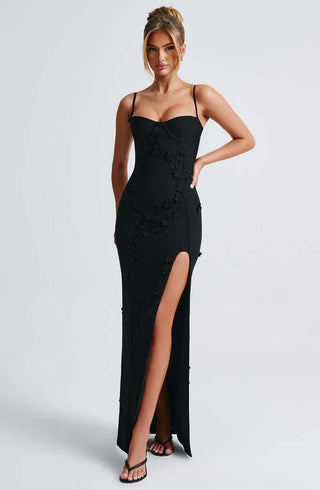 Spaghetti Straps Floral Embroidered Maxi Dress with Thigh High Slit