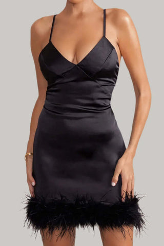 Spaghetti Straps Fur Trim Satin Mini Dress