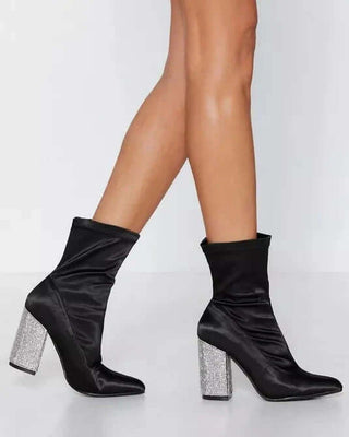 Pointy Toe Sparkly Chunky Heel Ankle Boots 4" 