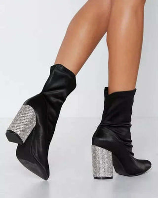 Pointy Toe Sparkly Chunky Heel Ankle Boots 4" 