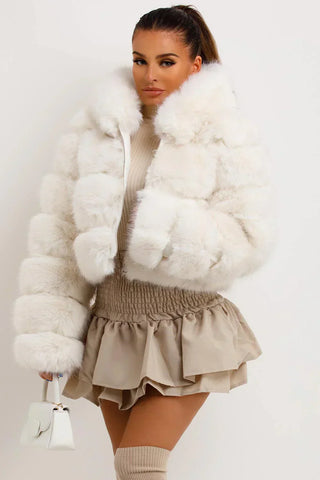 Zip Up Thick Plush Hooded Cropped Faux Fur Coat