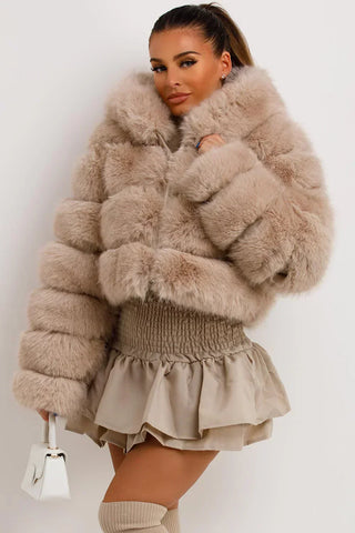 Zip Up Thick Plush Hooded Cropped Faux Fur Coat