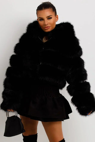 Zip Up Thick Plush Hooded Cropped Faux Fur Coat