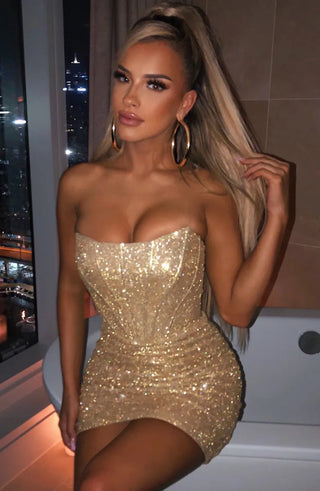 Strapless Glitter Mini Dress, Sparkly Diamante Ruched Dress