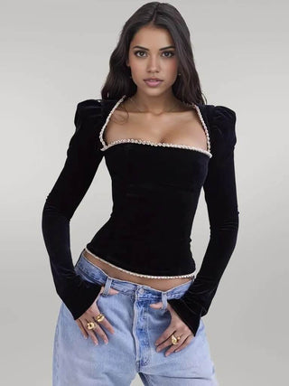 Square Neck Long Sleeve Lace Up Back Velvet Corset Top 