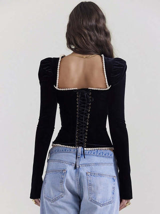 Square Neck Long Sleeve Lace Up Back Velvet Corset Top 