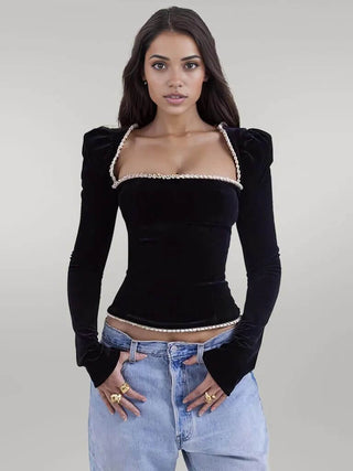 Square Neck Long Sleeve Lace Up Back Velvet Corset Top 