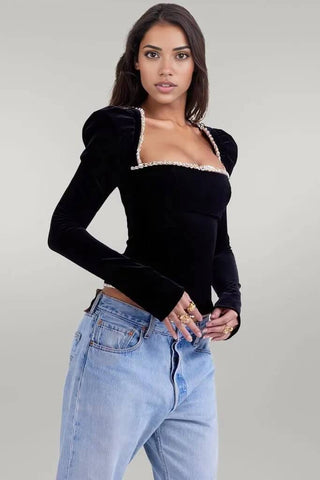 Square Neck Long Sleeve Lace Up Back Velvet Corset Top 