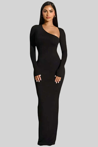 Long Sleeve Asymetical Bodycon Maxi Dress w/ Back Split