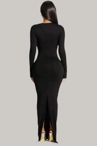 Long Sleeve Asymetical Bodycon Maxi Dress w/ Back Split