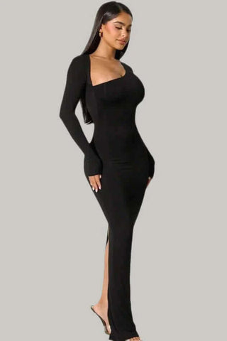 Long Sleeve Asymetical Bodycon Maxi Dress w/ Back Split