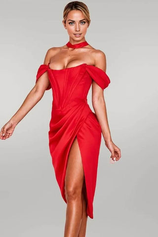 Knee Length Draped Off Shoulder Corset Dress w/ High Slit