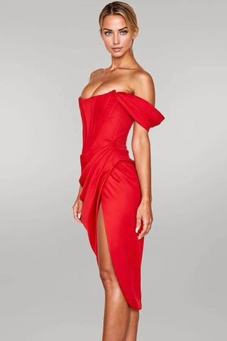 Knee Length Draped Off Shoulder Corset Dress w/ High Slit