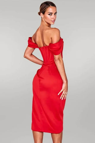 Knee Length Draped Off Shoulder Corset Dress w/ High Slit