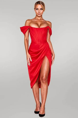 Knee Length Draped Off Shoulder Corset Dress w/ High Slit