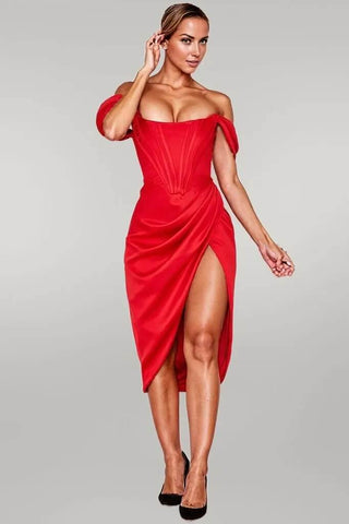 Knee Length Draped Off Shoulder Corset Dress w/ High Slit