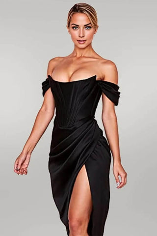 Knee Length Draped Off Shoulder Corset Dress w/ High Slit