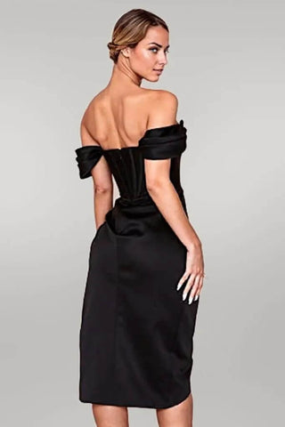 Knee Length Draped Off Shoulder Corset Dress w/ High Slit