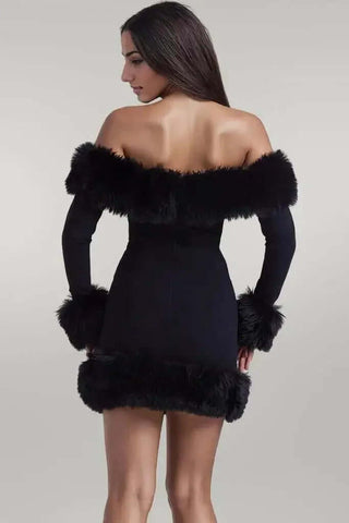 Long Sleeve Off Shoulder Fur Trim Mini Dress