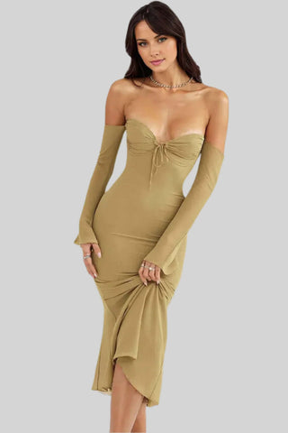 A-line Sweetheart Long Sleeve Off-Shoulder Midi Dress